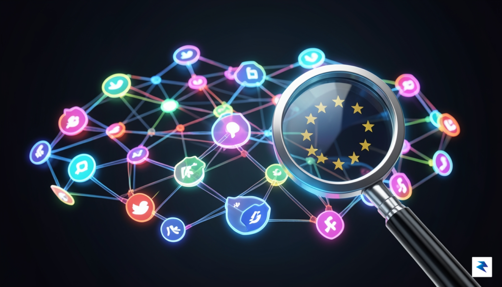 A digital illustration showing a complex, glowing network of interconnected…
