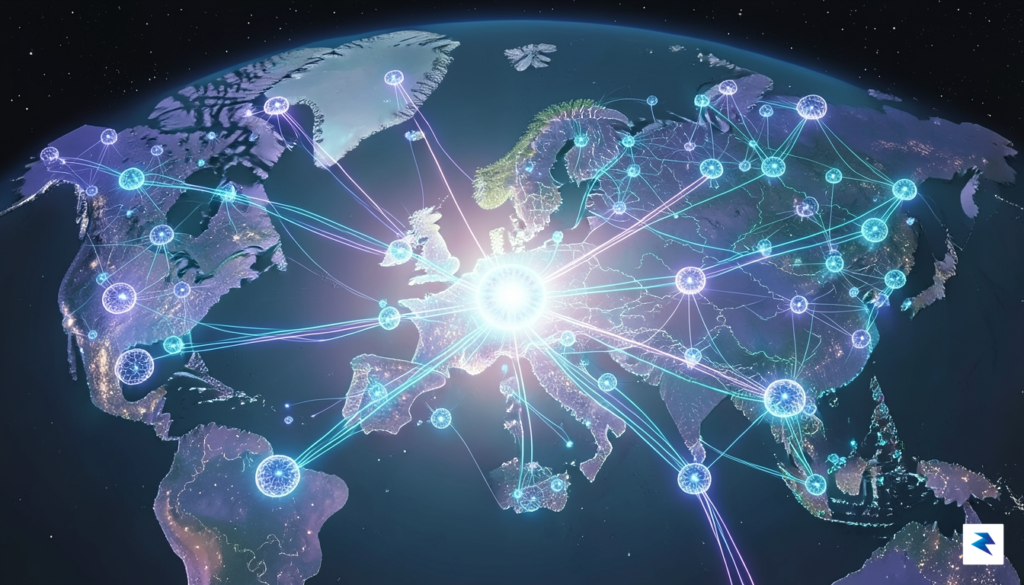 A conceptual digital illustration showing a complex network of interconnected…