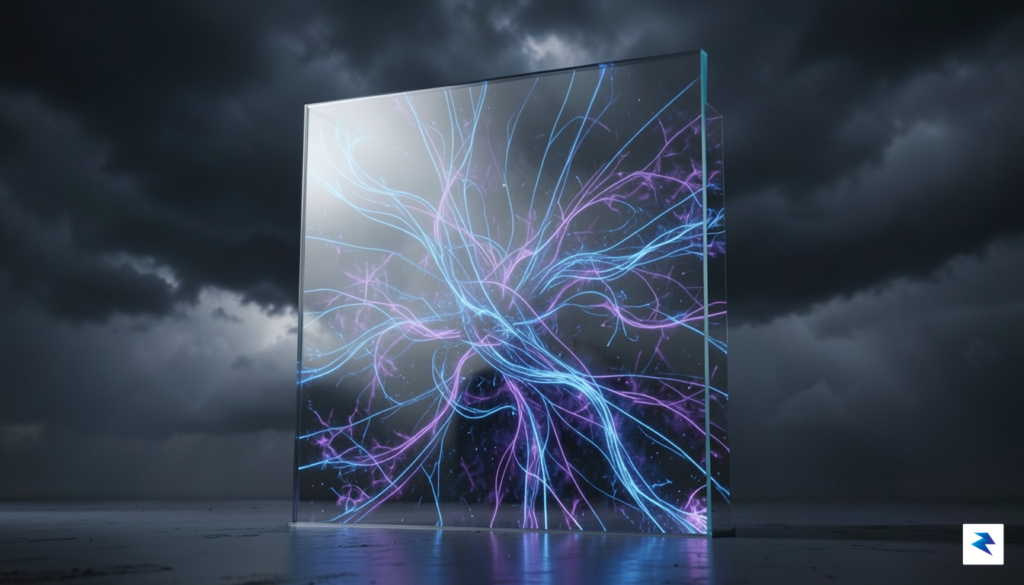 A conceptual digital art piece showing a transparent glass wall…