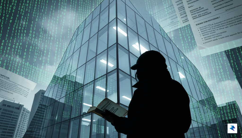 A conceptual illustration showing a large, monolithic glass office building…