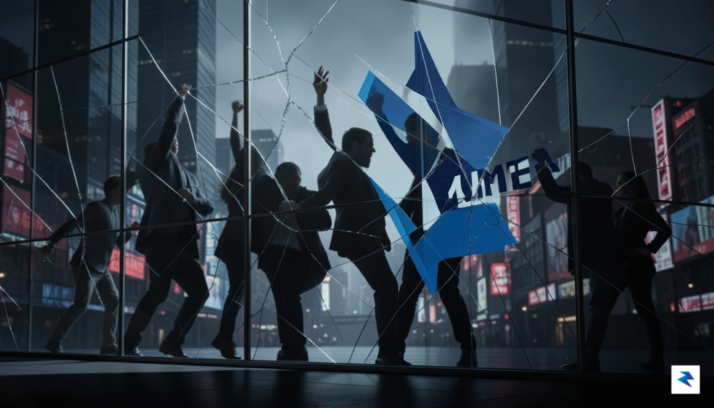 A conceptual digital illustration showing a glass wall reflecting a…