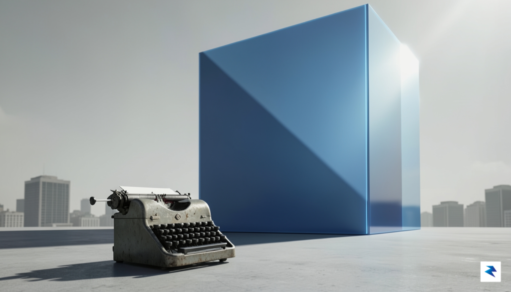 A conceptual illustration showing a small, lone vintage typewriter standing…