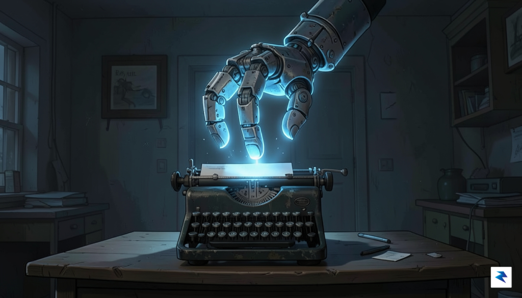 A conceptual illustration depicting a giant, glowing blue robotic hand…