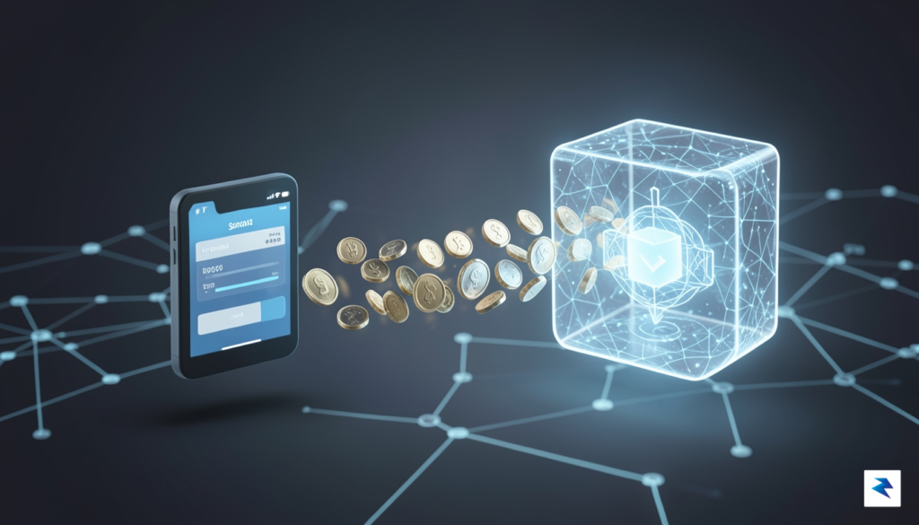 A clean, digital visualization showing a flow of coins moving&hellip;