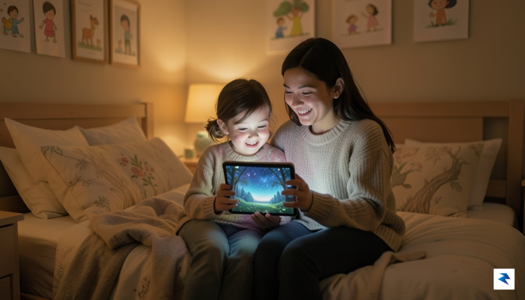 A warm, cozy bedroom scene showing a parent sitting on…