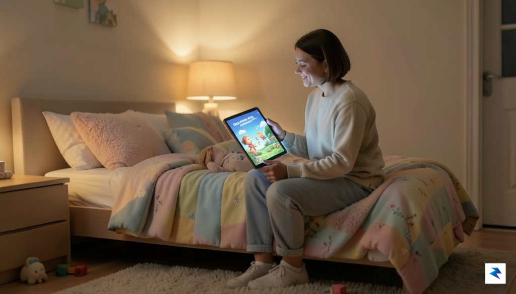 A warm, soft-lit bedroom scene showing a parent sitting on…