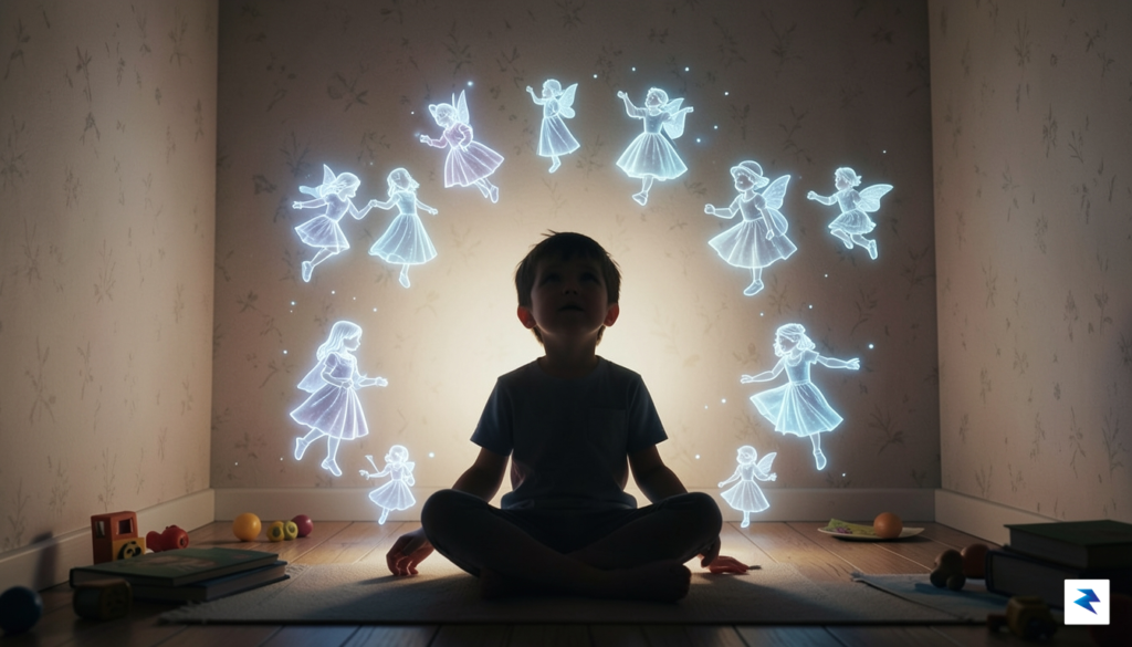 A conceptual digital art piece showing a child’s silhouette sitting…