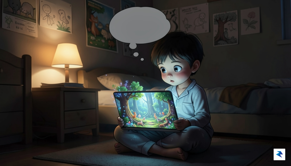 A surreal illustration showing a child sitting in a dimly…