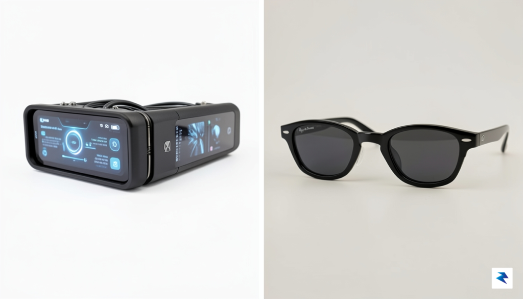 A side-by-side comparison showing a bulky, futuristic Google Glass prototype&hellip;