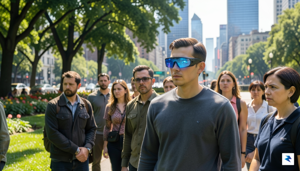 A diverse group of people in a city park, some&hellip;