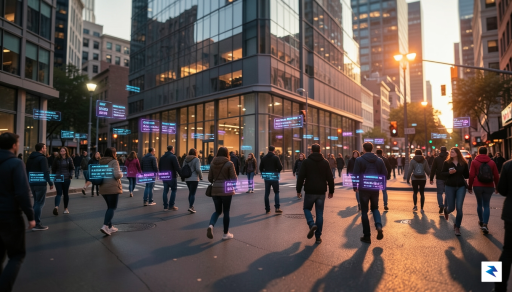 A cinematic, wide-angle shot of a bustling urban street corner&hellip;