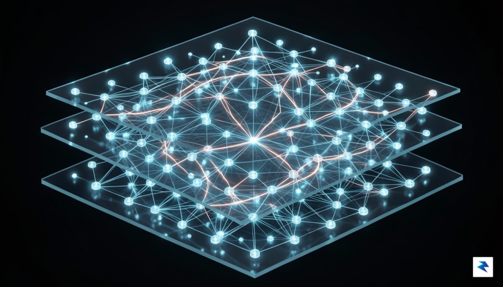 A conceptual data visualization showing a glowing, multi-layered neural network&hellip;