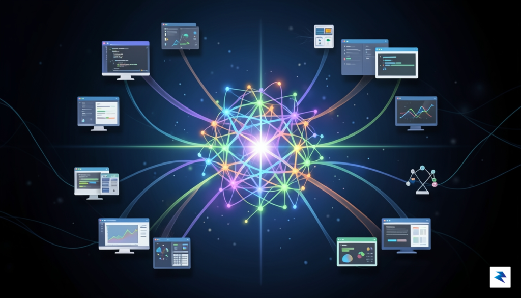 A conceptual digital illustration showing a glowing, multi-colored neural network…