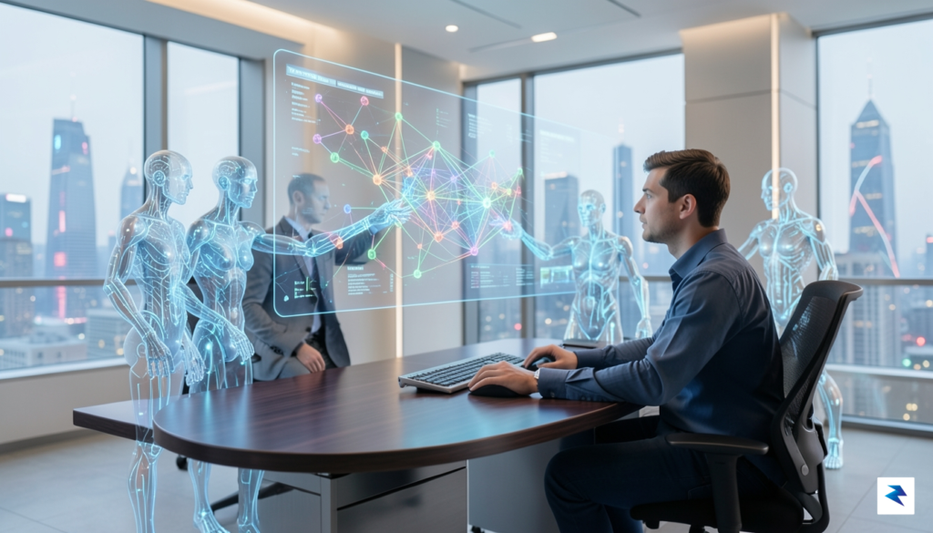 A sleek, futuristic workspace showing a software engineer observing multiple…