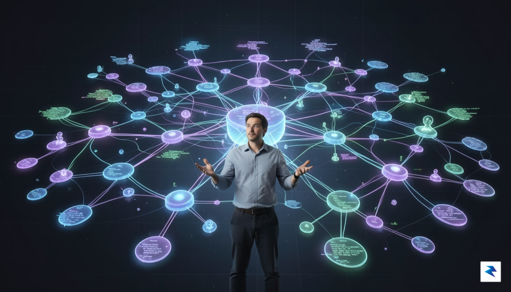 A conceptual digital visualization showing a human designer overseeing a…