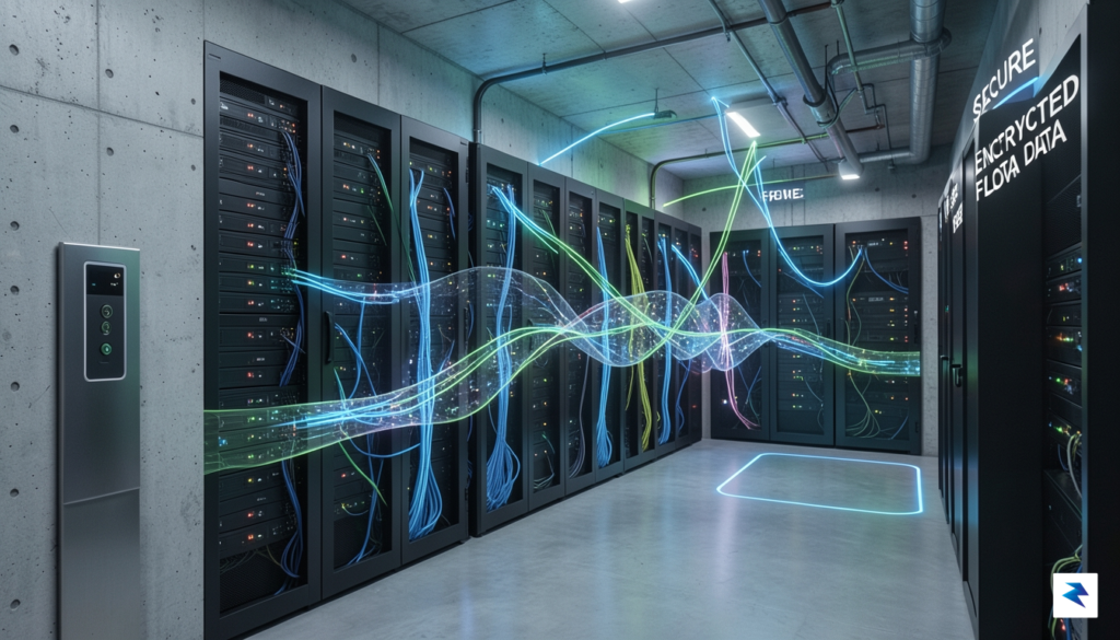 A secure data center with glowing lines representing data flow,…