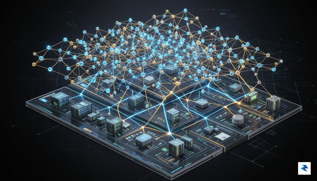A digital visualization of a complex neural network overlaying a…