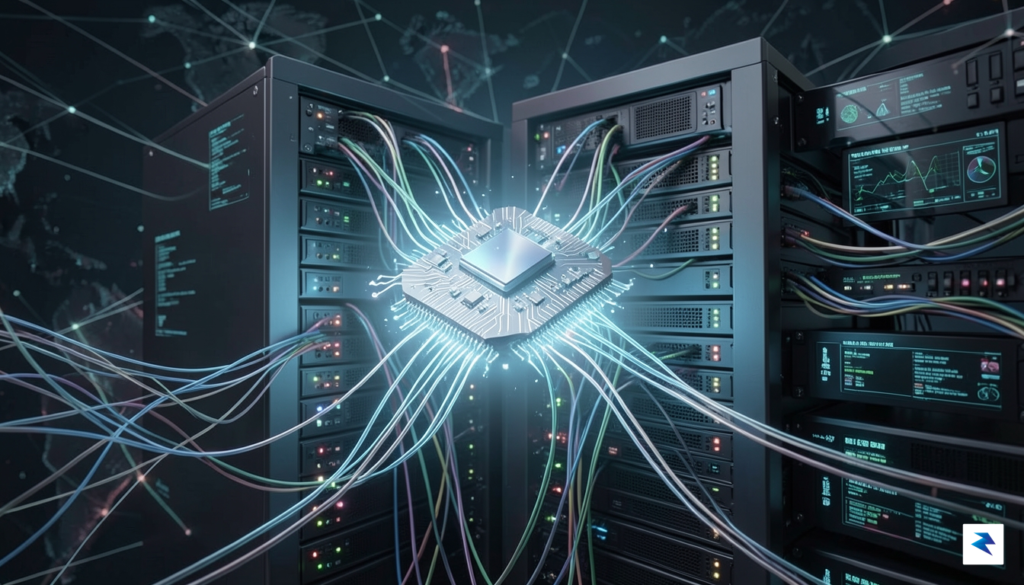 A conceptual digital illustration of a sleek, glowing custom silicon&hellip;