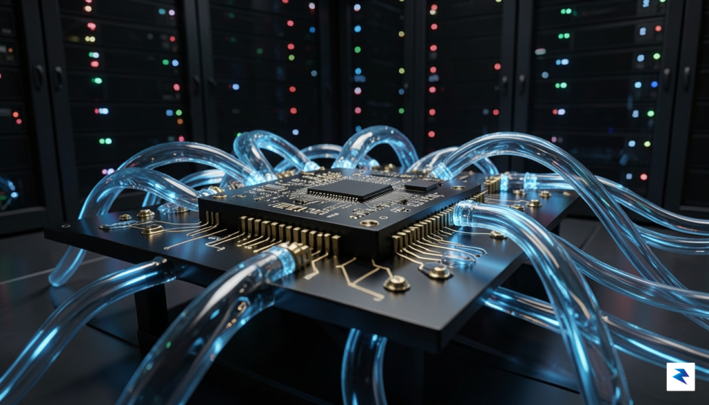 A 3D render of a high-end AI accelerator chip mounted&hellip;