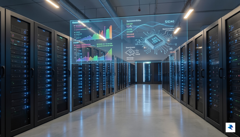 A sleek, high-tech server room data center interior with rows&hellip;