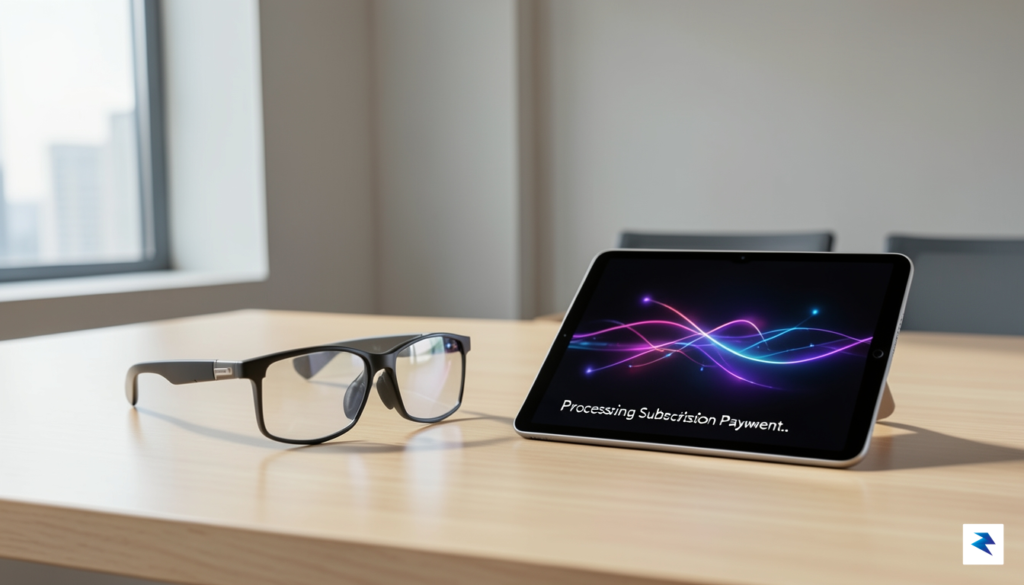A sleek, modern pair of smart glasses resting on a…