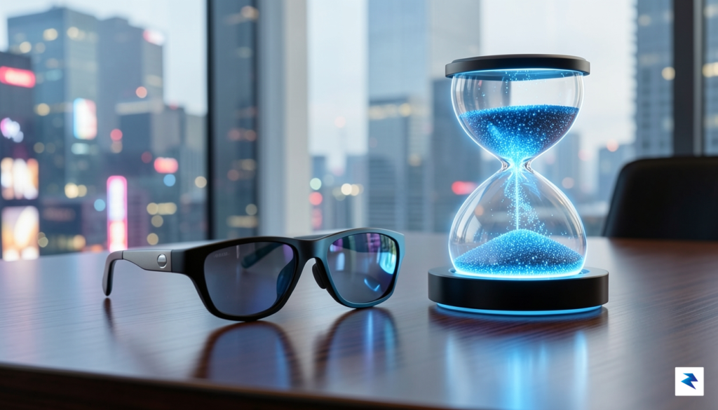 A sleek, high-tech pair of Meta smart glasses sitting on…