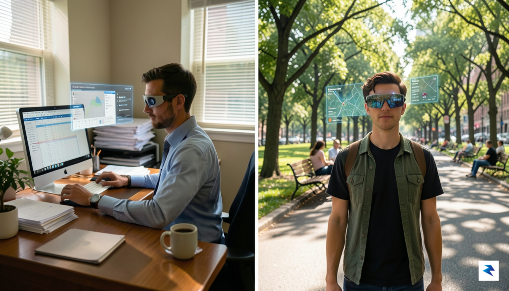 A conceptual split-screen image showing a professional working in a…