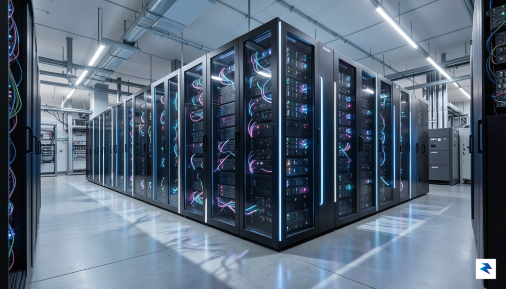 A sleek, futuristic data center aisle with glowing server racks,&hellip;