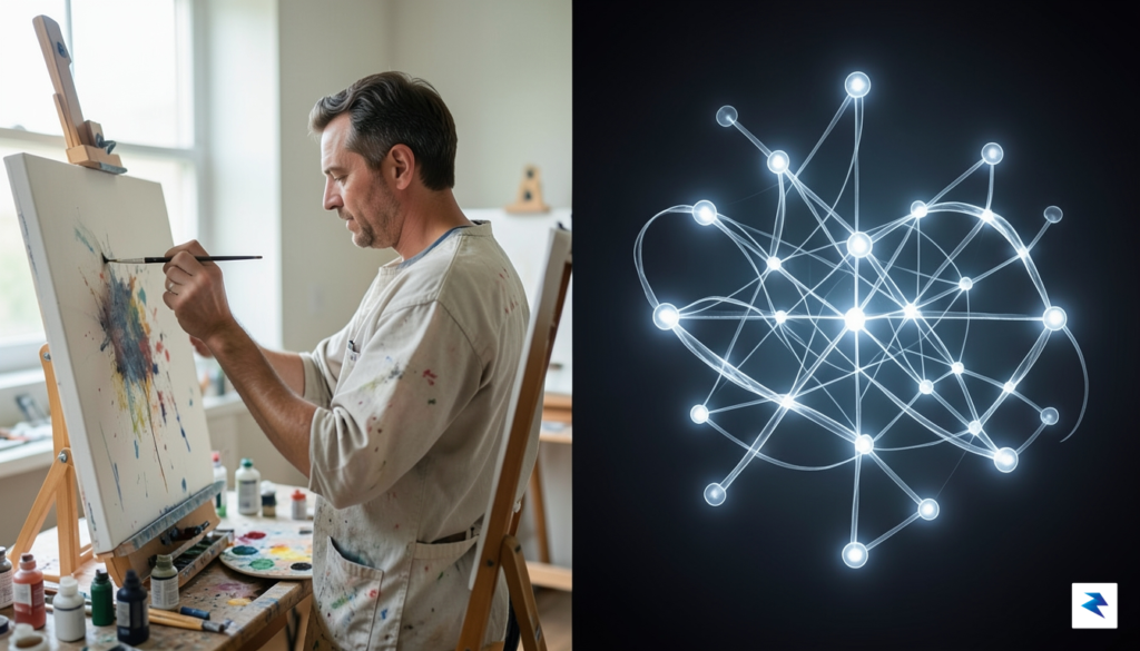 A conceptual digital artwork showing a split screen where one&hellip;