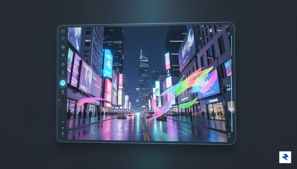 A sleek, futuristic interface showing a digital canvas where abstract&hellip;