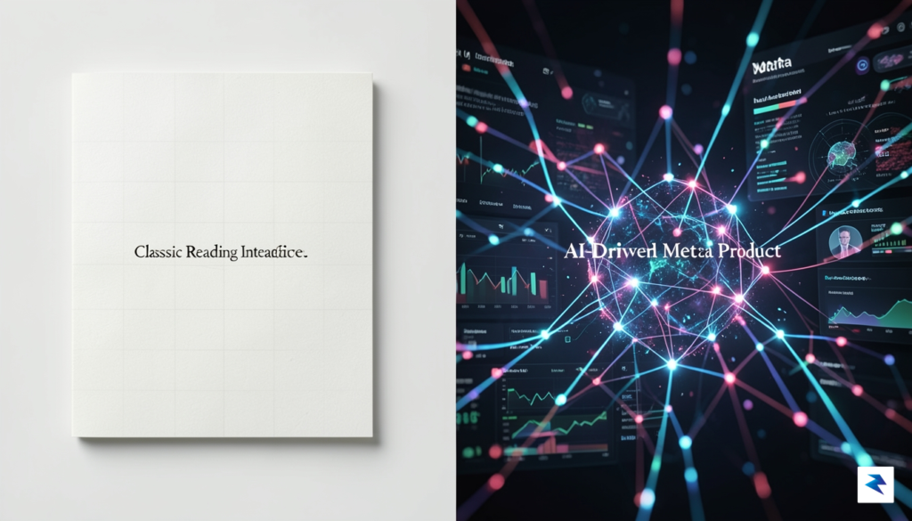 A conceptual split-screen illustration showing a minimalist, paper-like reading interface…