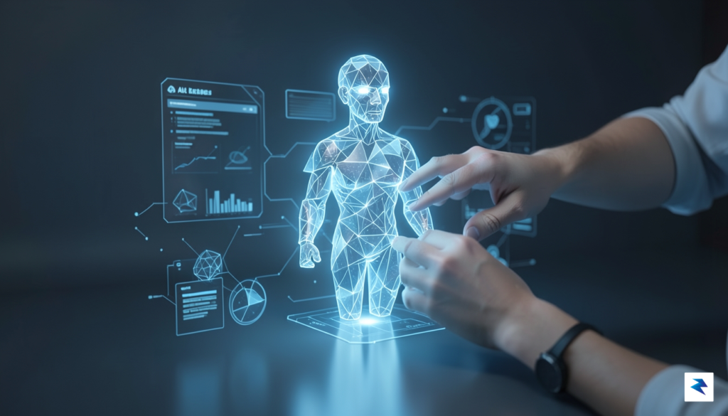A futuristic, abstract digital workspace showing a glowing, multi-faceted AI…