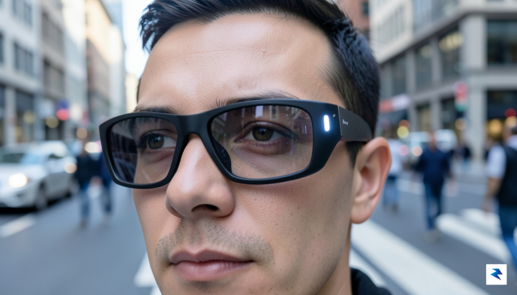 A close-up, high-definition photograph of a person wearing smart glasses,…