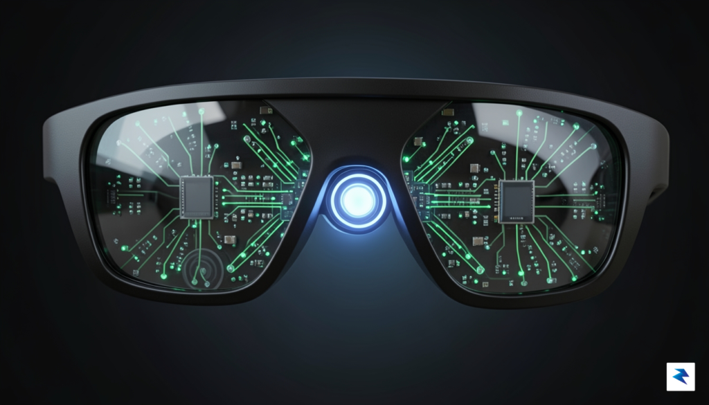 A close-up, stylized depiction of Meta smart glasses with an…