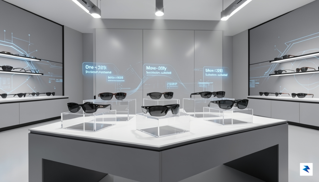 A conceptual, sleek futuristic retail store display showing various smart…