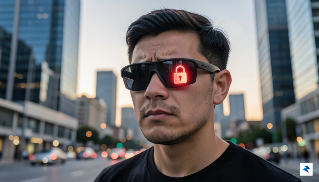 A person wearing sleek smart glasses, looking slightly frustrated as…