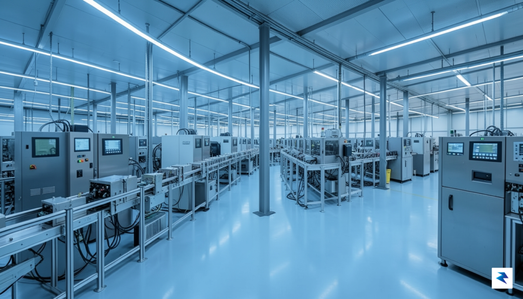 A modern, high-tech semiconductor manufacturing facility featuring cleanroom environments, glowing…