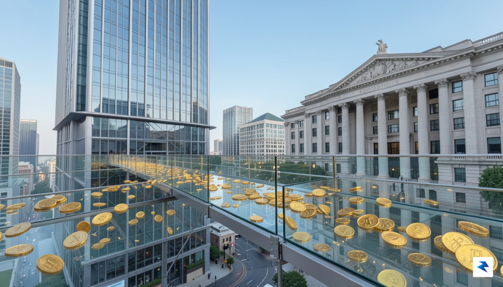 A conceptual digital illustration showing a glass bridge connecting a…
