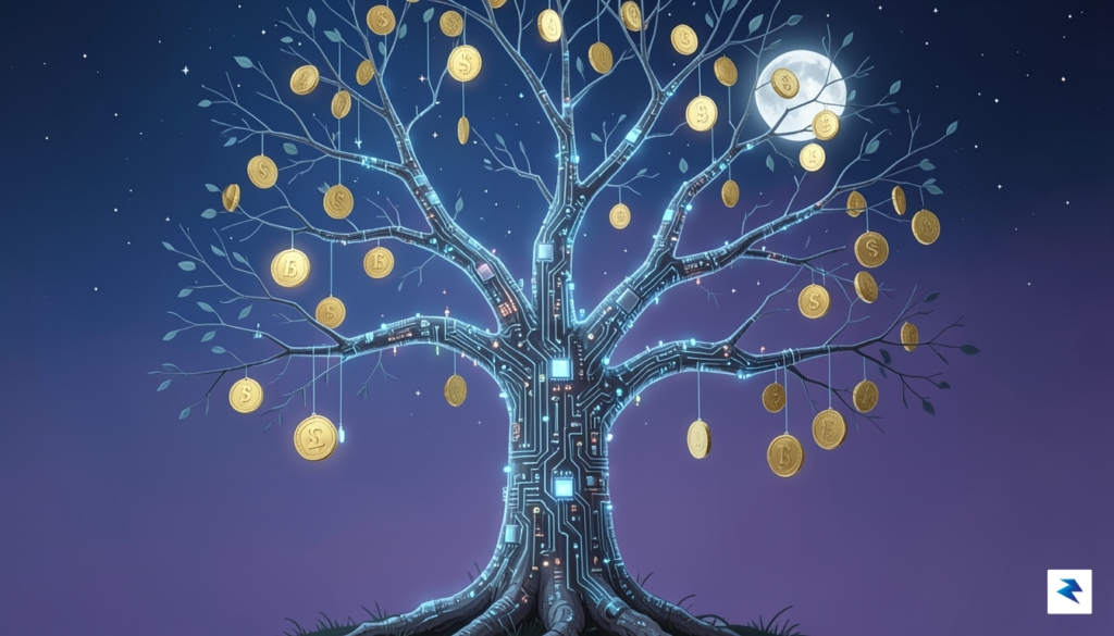 A digital illustration showing a growing tree made of glowing…