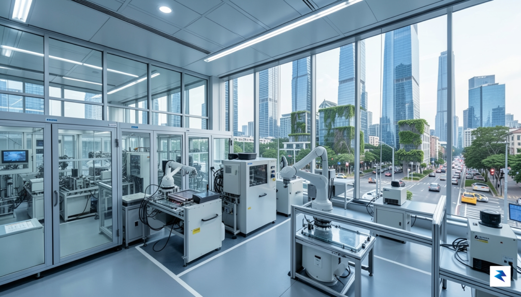 A wide-angle shot of a high-tech semiconductor manufacturing facility with…