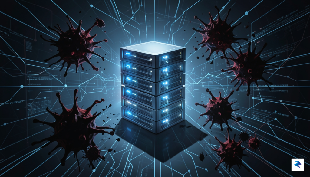 A conceptual digital security illustration showing a glowing, unprotected software&hellip;
