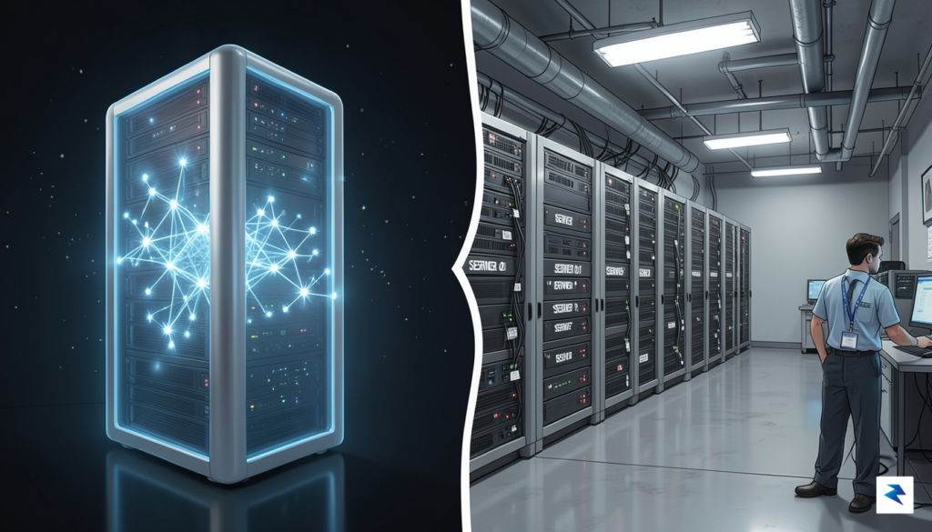 A conceptual split-screen illustration showing a sleek, futuristic cloud server&hellip;