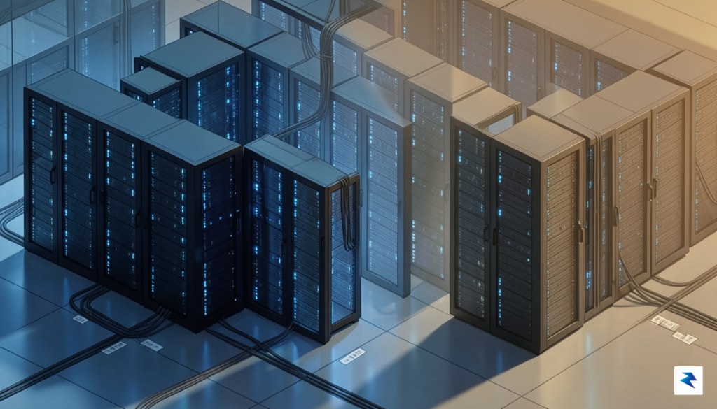 An isometric 3D illustration of a server room transitioning from&hellip;