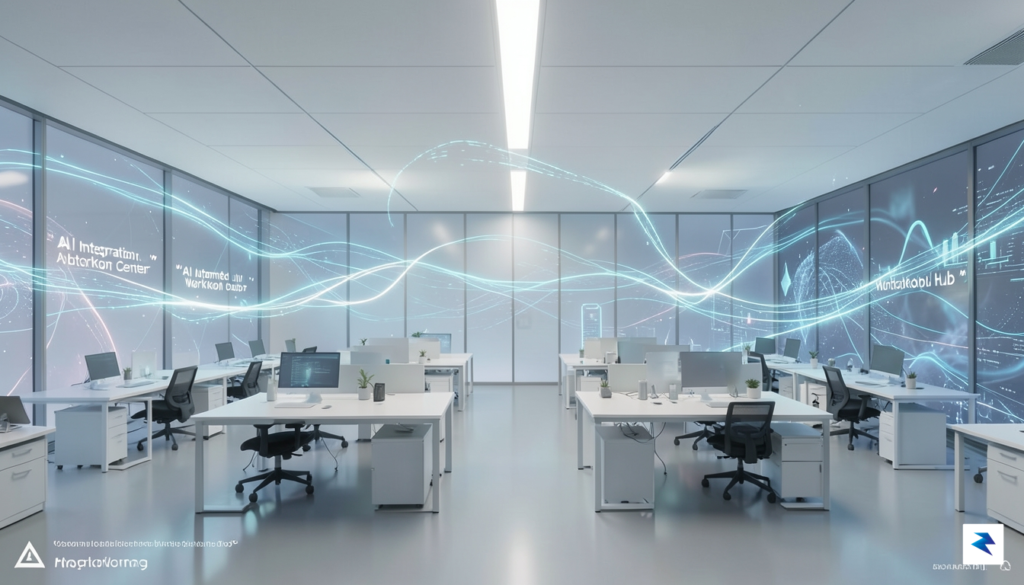 A wide-angle digital illustration showing a futuristic corporate office landscape&hellip;
