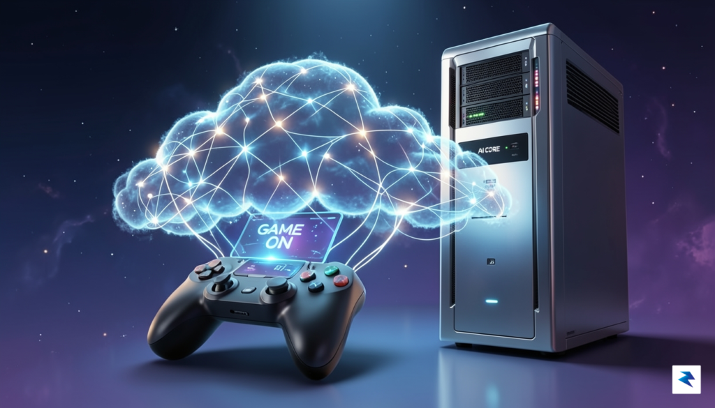 A conceptual digital illustration showing a futuristic, glowing cloud network&hellip;