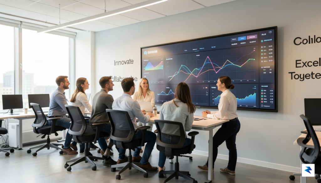 A modern, collaborative office setting showing a diverse team working&hellip;