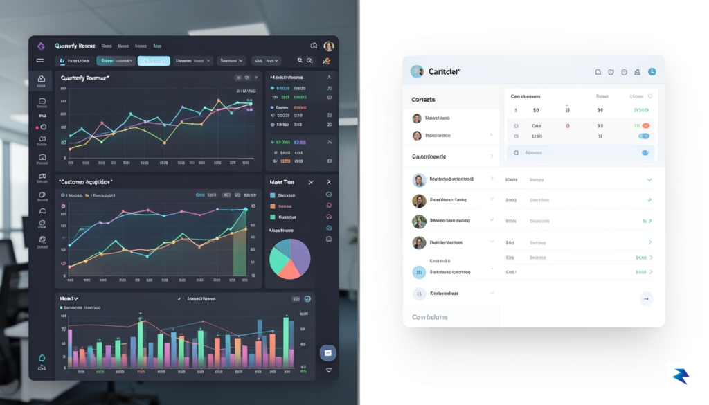 A professional office split-screen showing a complex data dashboard on&hellip;