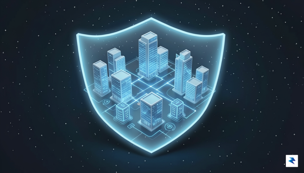 A conceptual digital visualization of a glowing, transparent security shield…
