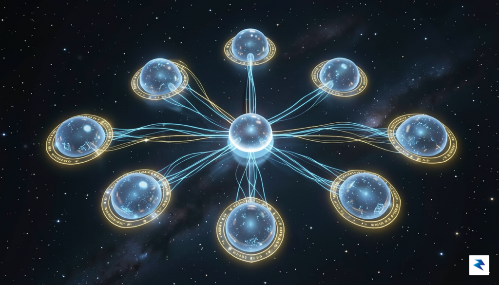 A digital visualization showing a network of interconnected nodes representing…