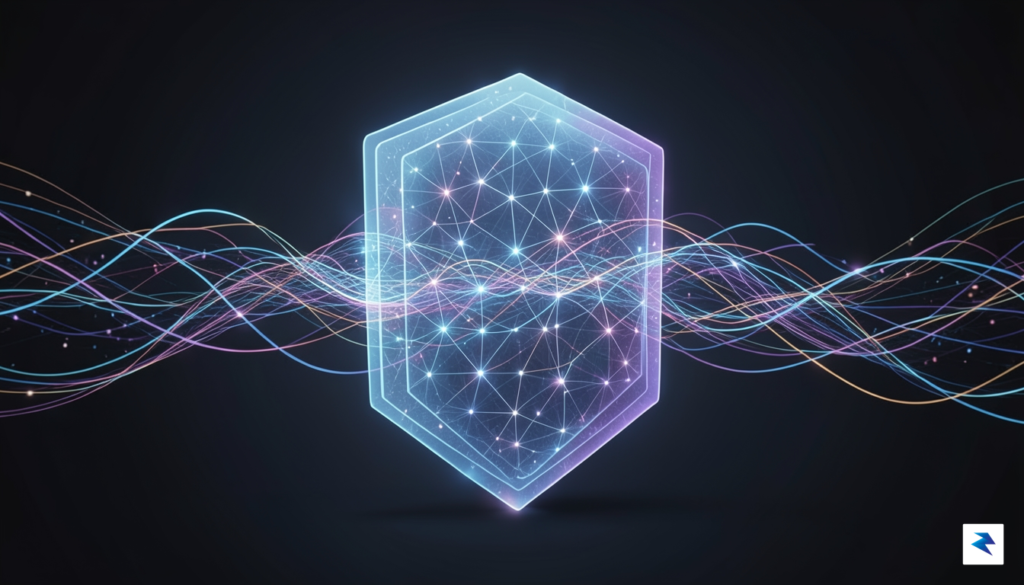 A conceptual digital visualization of a glowing, multi-layered neural network…